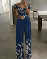 Isla | Damen Overall Off-Shoulder Wickel-Dekolleté Blattdruck in Blau