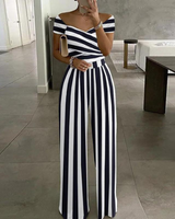 Isla | Damen Overall Off-Shoulder Wickel-Dekolleté Blattdruck in Streifen