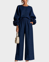 Mersada – Set Aus Langärmeligem Oberteil mit Blumenmuster Und Weit Geschnittener Hose in Blau