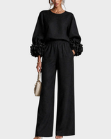 Mersada – Set Aus Langärmeligem Oberteil mit Blumenmuster Und Weit Geschnittener Hose in Schwarz