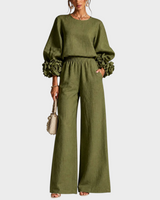Mersada – Set Aus Langärmeligem Oberteil mit Blumenmuster Und Weit Geschnittener Hose in Grün