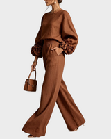 Mersada – Set Aus Langärmeligem Oberteil mit Blumenmuster Und Weit Geschnittener Hose in Braun