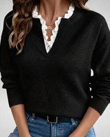 Jadvyga – Strick Bluse Mit Spitzenkragen in Schwarz