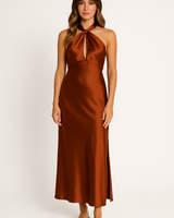 Damen Halter Maxi Abendkleid in Braun