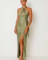 Damen Halter Maxi Abendkleid in Olivgrün