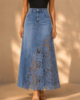 Khaingan - Maxirock Aus Denim Mit Spitzenbesatz in Hellblau