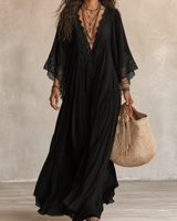 Ainura - Langes Kleid Aus Elfenbeinfarbenem Chiffon Und Spitze in Schwarz