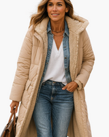 Angela | Damen Warme Kapuzen Winter Longline Puffer Jacke in Beige