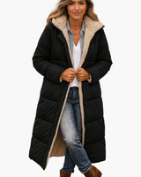 Angela | Damen Warme Kapuzen Winter Longline Puffer Jacke in Schwarz