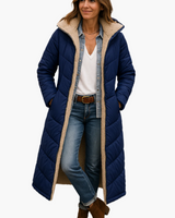 Angela | Damen Warme Kapuzen Winter Longline Puffer Jacke in Marineblau