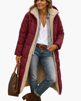 Angela | Damen Warme Kapuzen Winter Longline Puffer Jacke in Weinrot