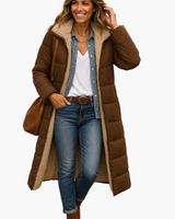 Angela | Damen Warme Kapuzen Winter Longline Puffer Jacke in Braun