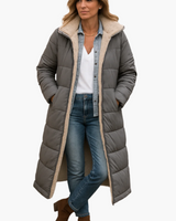 Angela | Damen Warme Kapuzen Winter Longline Puffer Jacke in Grau