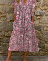 Eliskaa – Elegantes Blumen Kleid Mit V-Ausschnitt in Rosa