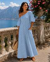 Carla | Gestreiftes Maxikleid mit asymmetrischem Ausschnitt in Blau