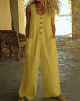 Lässiger Button-Up Jumpsuit mit weitem Bein und Taschen in Gelb