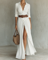 Weißes Leinen Faltenkleid Maxi in Weiß
