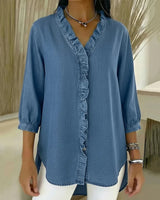 Aelyssa - Soft-Touch-Bluse mit Rüsche am V-Ausschnitt in Blau