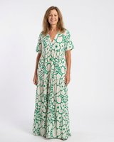 Zuleika | Kurzärmliges V-Ausschnitt Blumen-Midi-Kleid in Grün