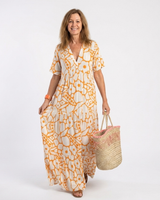 Zuleika | Kurzärmliges V-Ausschnitt Blumen-Midi-Kleid in Orange