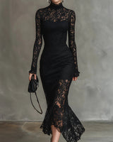 Veronika | Damen Spitzen Maxikleid Schwarz Elegant Feminin in Schwarz