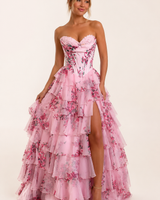 Langes Kleid mit Blumendruck Korsett - Elira in Rosa