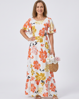 Elowen | Rundhals Kurzarm Schichten Maxikleid in Orange