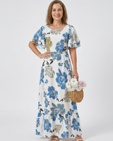 Elowen | Rundhals Kurzarm Schichten Maxikleid in Himmelblau