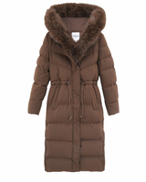 Damen Wintermantel | Lange Steppjacke | Warm Gefüttert | Kapuze mit Imitationsfell in Braun
