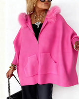 ARABELLE | Lässiger Mantel mit Kapuze & Fellkragen in Pink