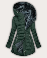 Warme Damen Daunenjacke mit Fellkapuze in Dunkelgrün