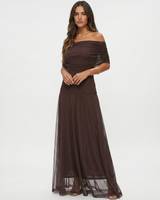 Kaida - Drapiertes Carmen-Kleid in Dunkelbraun
