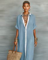 Johanna | Damen Maxikleid Leinenmischung Kurzarm – Leinen Maxi Kleid Sommer 2026 in Blau