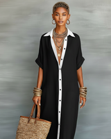 Johanna | Damen Maxikleid Leinenmischung Kurzarm – Leinen Maxi Kleid Sommer 2026 in Schwarz