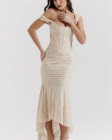 Gerafftes Schulterfreies Kleid - Linda in Beige