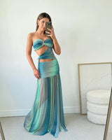 Wren Damen Strapless Maxikleid aus Mesh mit Cut-Out in Blau