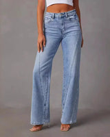 Damen High Waist Weitbein Jeans mit V Naht in Blau