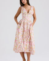 Elodie | Drapiert Hochzeitsgastkleid in Rosa Blumenmuster