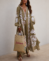 Nelia - Lockeres Boho-Sommerkleid mit Blumenprint in Khaki