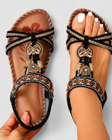 Eleanor - Stilvolle Flache Sandalen mit Strass in Schwarz / Braun