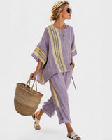 Libbie - Bequemes gestreiftes Tunika- und Hosen-Set in Lila