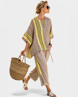 Libbie - Bequemes gestreiftes Tunika- und Hosen-Set in Gelb