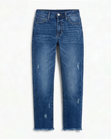 Vivara™ – Vintage-inspirierte, cropped Straight Leg Jeans mit Fransen in Dunkelblau
