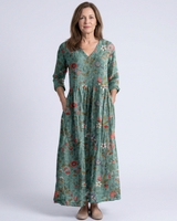 Marina | Floral V-Ausschnitt Maxikleid mit Dreiviertelärmeln in Grün