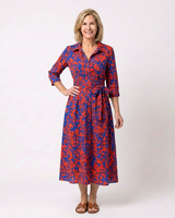Oriana | Midi-Kleid mit Kragen, langen Ärmeln und Taillengürtel in Rot