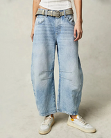 Damen Knopfverschluss Baggy Jeans in Hellblau