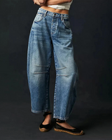 Damen Knopfverschluss Baggy Jeans in Dunkelblau
