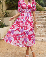 Damen Maxikleid mit Blumenmuster V-Ausschnitt Puffärmel in Dunkelrosa