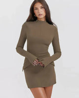 Damen Langarm Mini Etui Kleid in Taupe
