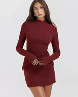 Damen Langarm Mini Etui Kleid in Bordeaux